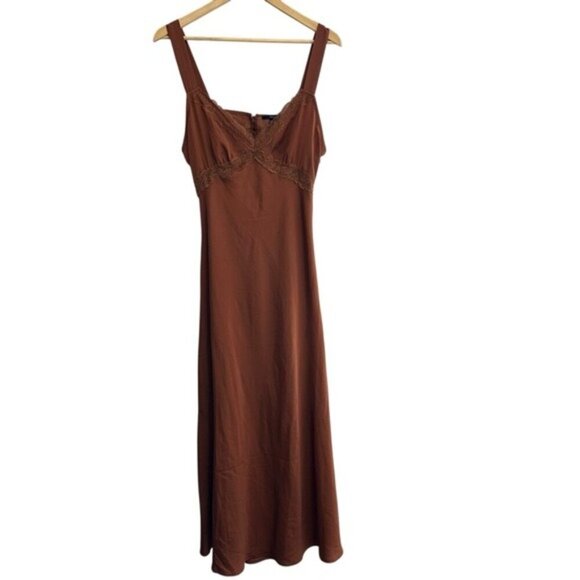 Forever 21 XL Brown Slip Dress Lace Detail Cut-Out Back Sleeveless Y2K Aesthetic - Picture 2 of 12